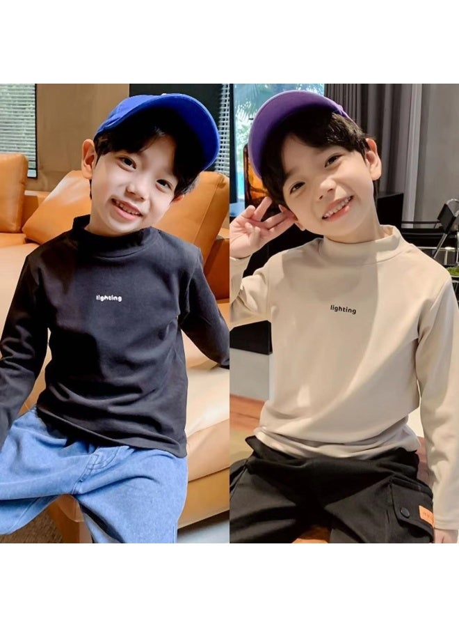 Boys' Velvet Semi-turtle Neck Base Layer Shirt, Long Sleeve T-shirt For Autumn And Winter, Stylish And Handsome Casual Versatile Top For Older Kids - Image 4