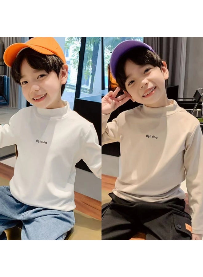 Boys' Velvet Semi-turtle Neck Base Layer Shirt, Long Sleeve T-shirt For Autumn And Winter, Stylish And Handsome Casual Versatile Top For Older Kids - Image 1