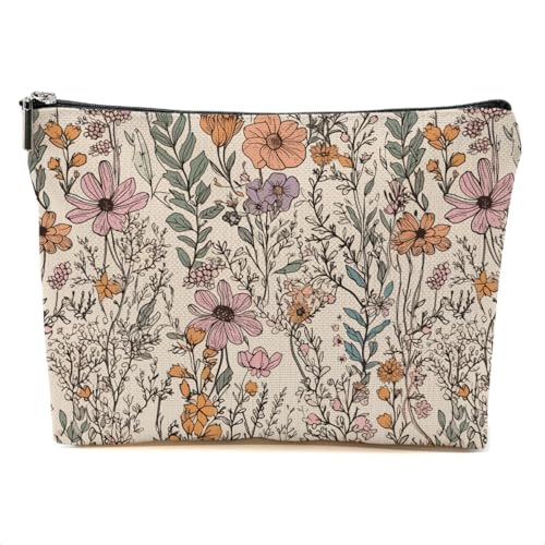 DHKG Vintage Wildflowers Makeup Bag Floral Garden Flower Cosmetic Bag Friend Friendship Gifts for Women Girls Sister Coworker Botanical Travel Organizer Zipper Pouch Christmas Thanksgiving Birthday Gifts - Image 1