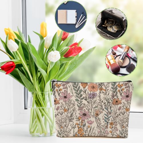 DHKG Vintage Wildflowers Makeup Bag Floral Garden Flower Cosmetic Bag Friend Friendship Gifts for Women Girls Sister Coworker Botanical Travel Organizer Zipper Pouch Christmas Thanksgiving Birthday Gifts - Image 3