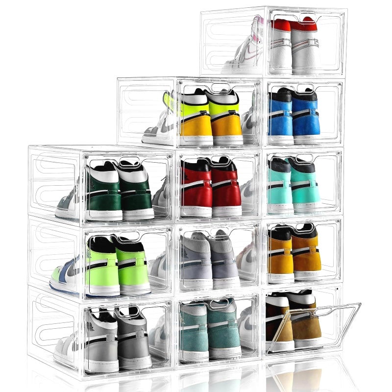 INSTY 12 Pack Large Shoe Storage Box, Clear Shoe Storage Organizer with Magnetic Door, Stackable,Shoe Containers For Display Sneakers, Easy Assembly, Fit up to US Size 12, Clear - Image 1