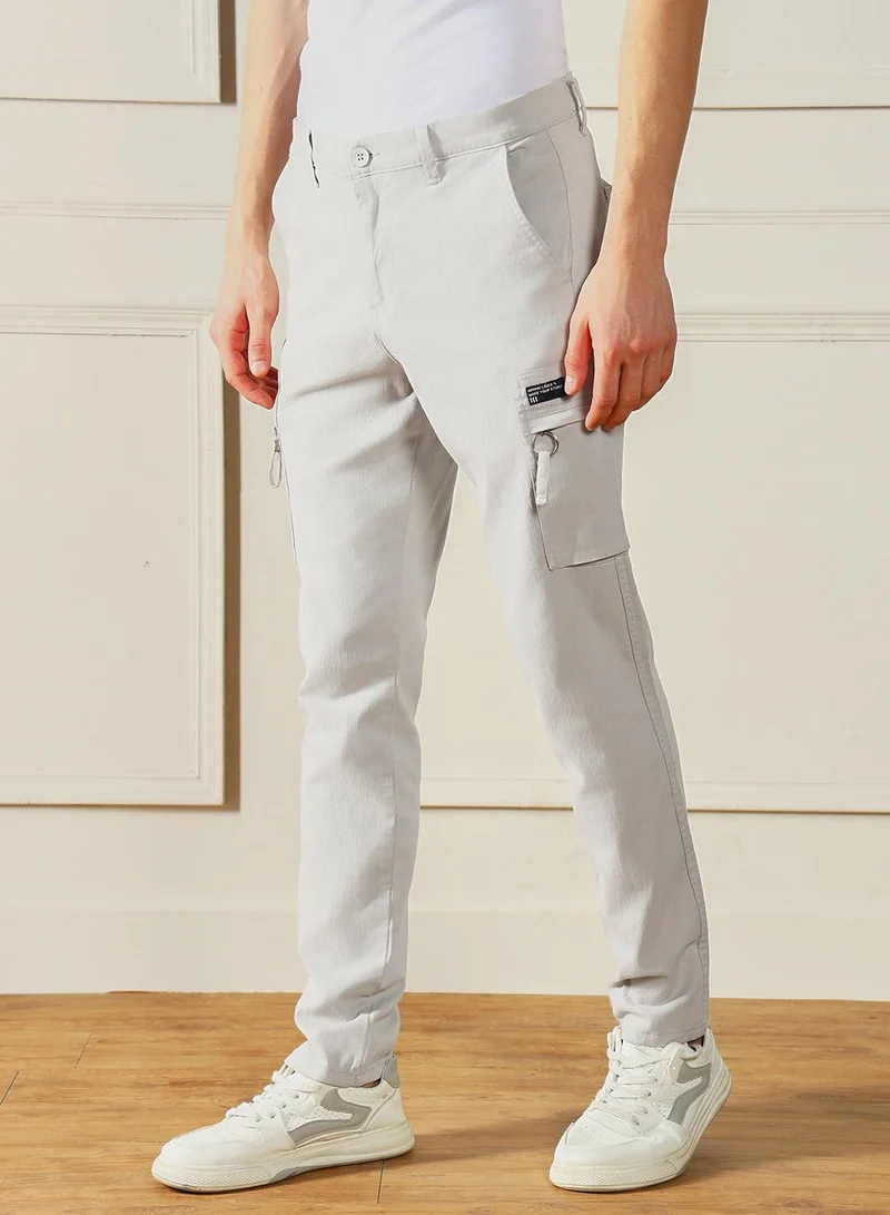 Dennis Lingo Straight Fit Light Grey Men's Cotton Lycra Solid Cargo Trouser, Mid Rise, Full Length, Casual