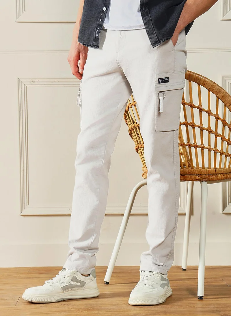 Dennis Lingo Straight Fit Light Grey Men's Cotton Lycra Solid Cargo Trouser, Mid Rise, Full Length, Casual