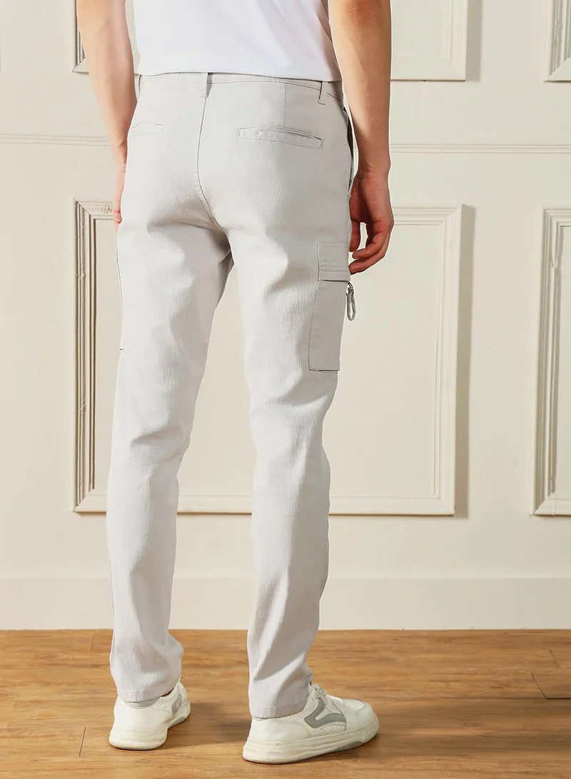 Dennis Lingo Straight Fit Light Grey Men's Cotton Lycra Solid Cargo Trouser, Mid Rise, Full Length, Casual