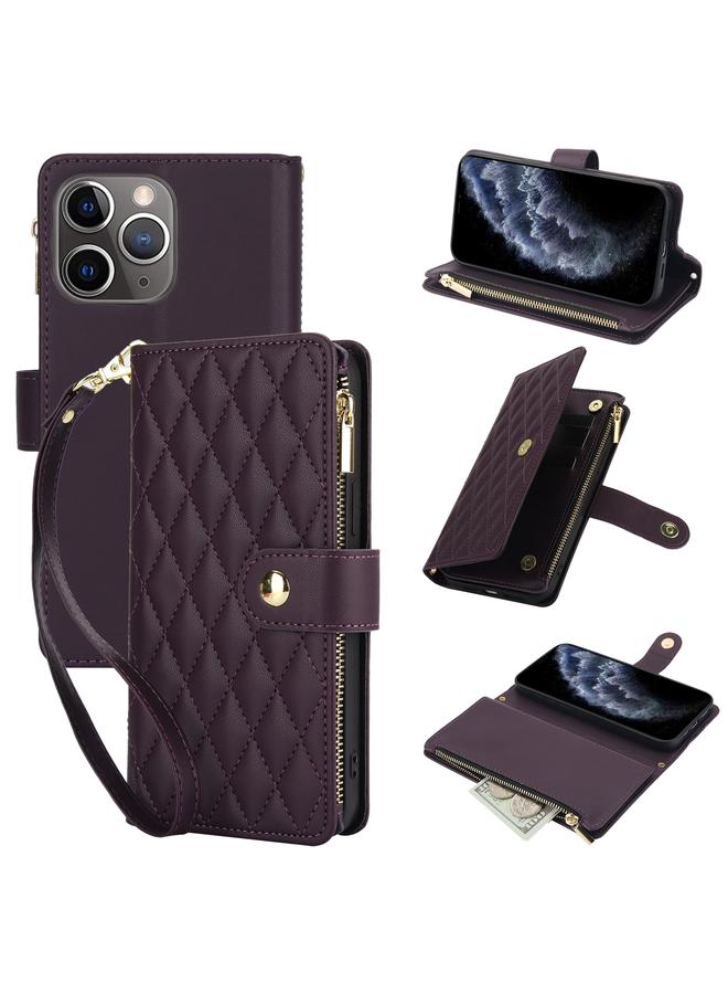 زبون حافظة هاتف iPhone 11 Pro YM016 محفظة بطاقات جلدية بسحاب معيني مع حبل - Image 1