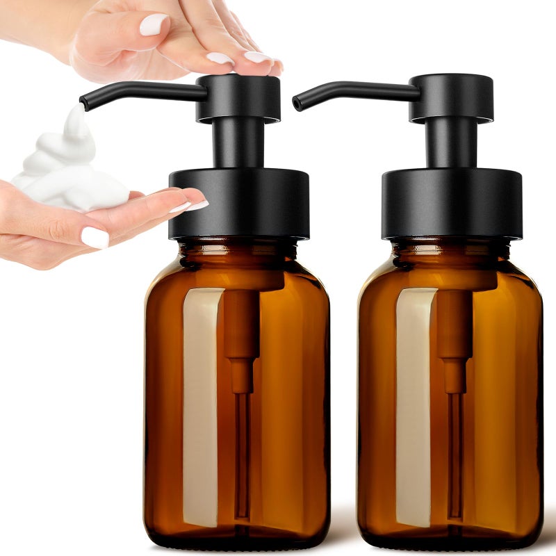 GMISUN Foaming Soap Dispenser, 8.5 fl oz / 250ml Amber Glass Foam Soap Dispenser for Bathroom & Kitchen, 2 Pack Modern Refillable Foaming Hand Soap Dispensers, Foam Pump Bottle with Waterproof Labels - Image 1