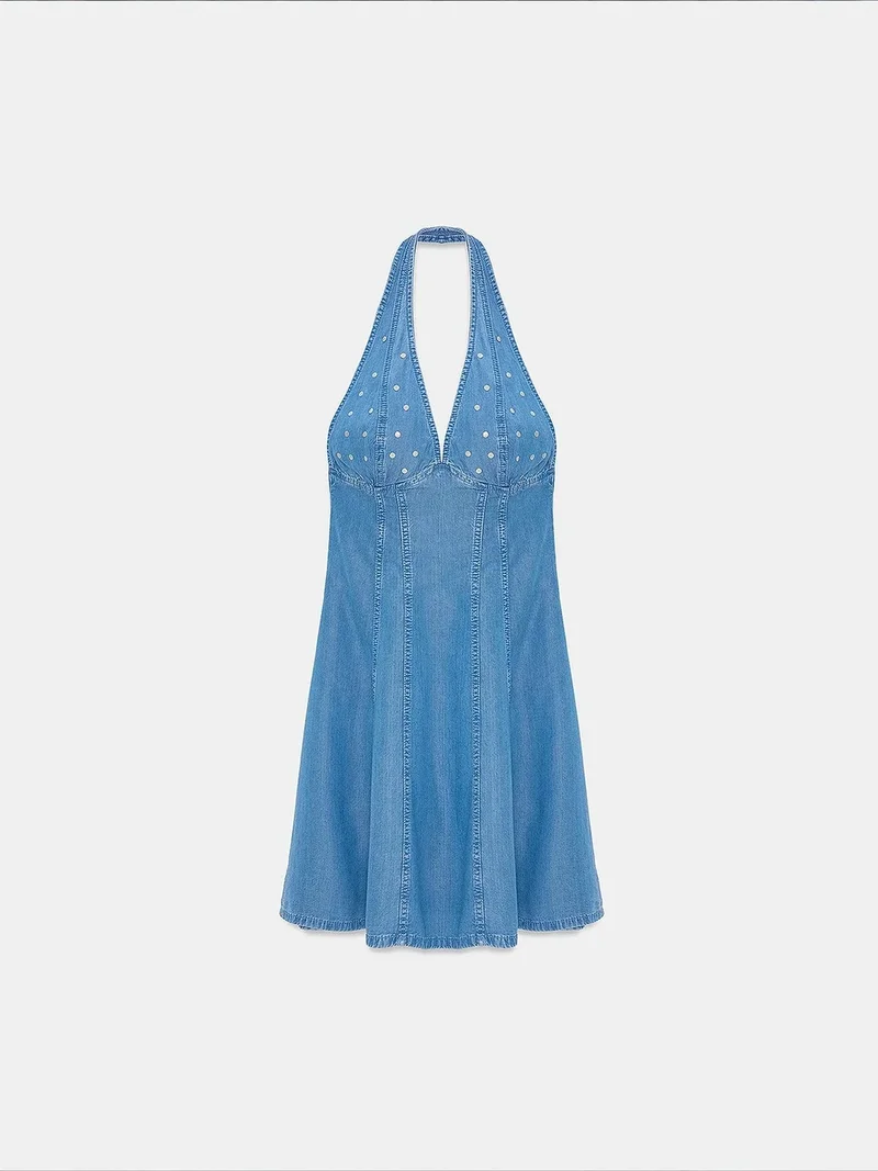 Dilvin Mid Blue Denim DILVIN Tencel Halter Mini Dress for Women | Best Price UAE