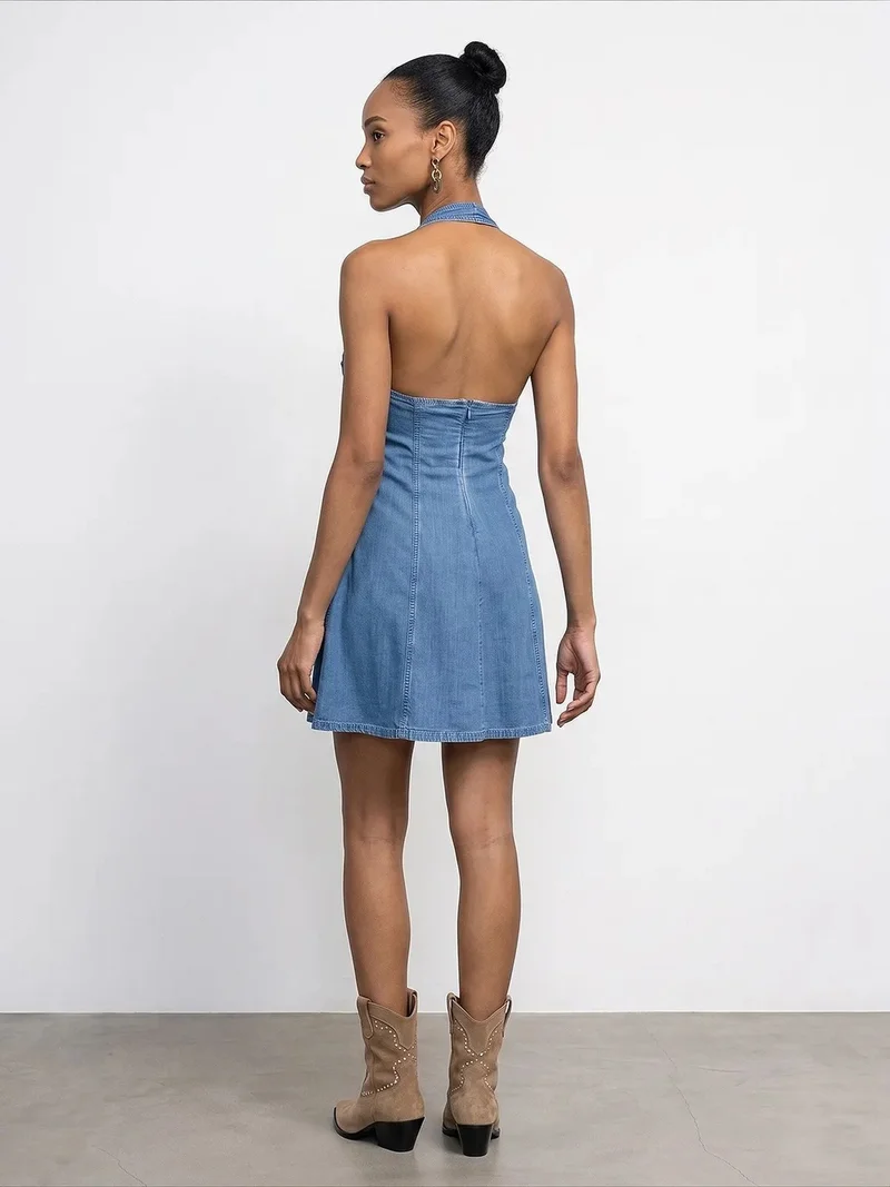 Dilvin Mid Blue Denim DILVIN Tencel Halter Mini Dress for Women | Best Price UAE