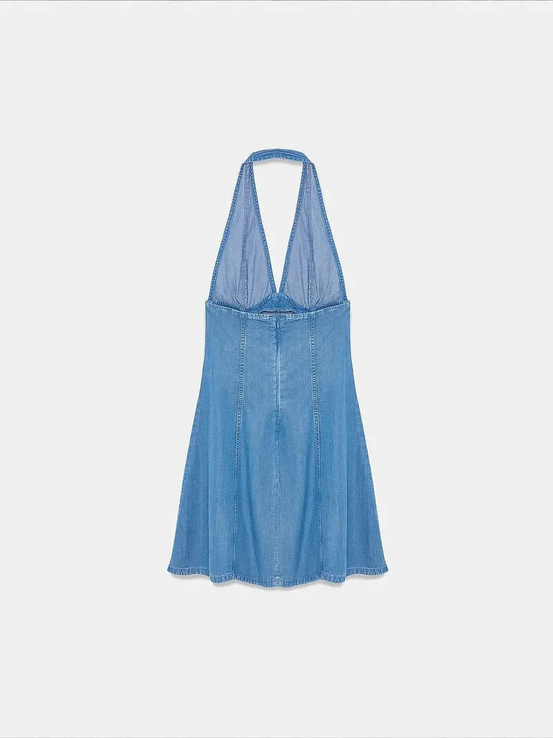 Dilvin Mid Blue Denim DILVIN Tencel Halter Mini Dress for Women | Best Price UAE