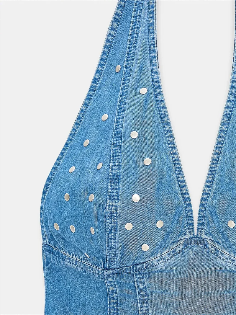 Dilvin Mid Blue Denim DILVIN Tencel Halter Mini Dress for Women | Best Price UAE