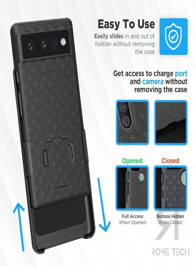 ROME TECH Designed for Google Pixel 6 Pro Case with Belt Clip Holster - Kickstand Cover Phone Case - Black - Image 4