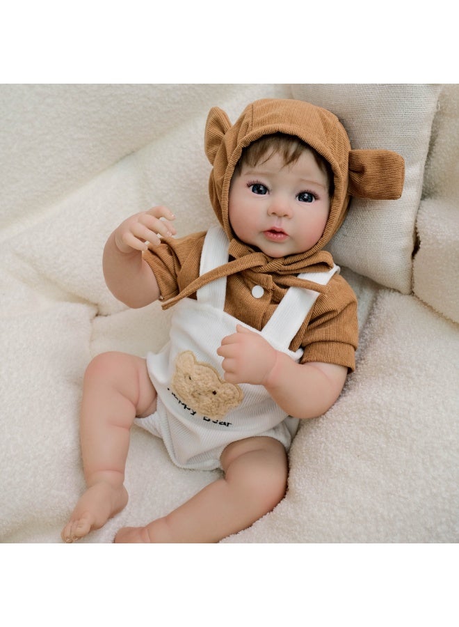 NPK 19-inch Bear Overalls Simulated Doll, Cute Doll, Lifelike Reborn Toddler Boy Doll, Handmade Silicone Soft Vinyl Reborn Baby Doll, Lifelike, Newborn Doll Toy Set for Kids - Image 4