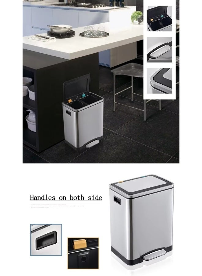 AKC 30L Dual Compartment Stainless Steel Trash Can – 15L x 2 Recycle & Waste Pedal Bin – Soft Close Lid, Fingerprint-Resistant, Anti-Slip Base – for Kitchen, Office, Restaurant Use  - Image 3