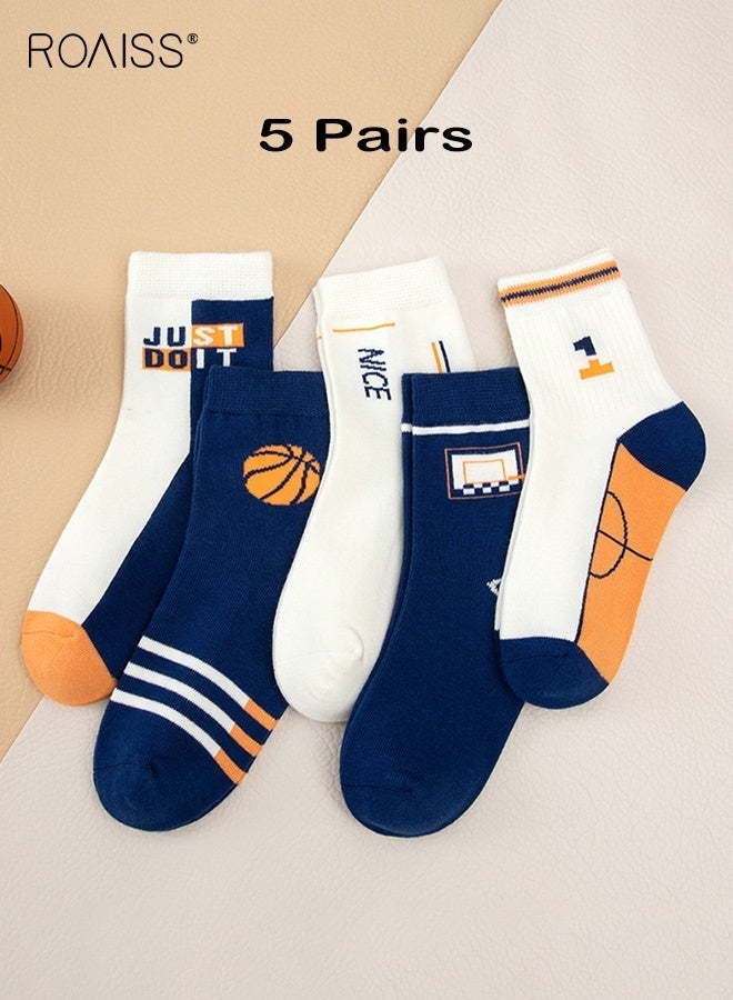roaiss 5 Pairs Boys Mid-Calf Socks, Comfortable Sports Socks Set, Anti-pilling Soft Socks, Stylish Middle Tube Socks for Boys, Suitable for All Seasons - Image 1
