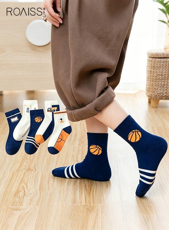 roaiss 5 Pairs Boys Mid-Calf Socks, Comfortable Sports Socks Set, Anti-pilling Soft Socks, Stylish Middle Tube Socks for Boys, Suitable for All Seasons - Image 2