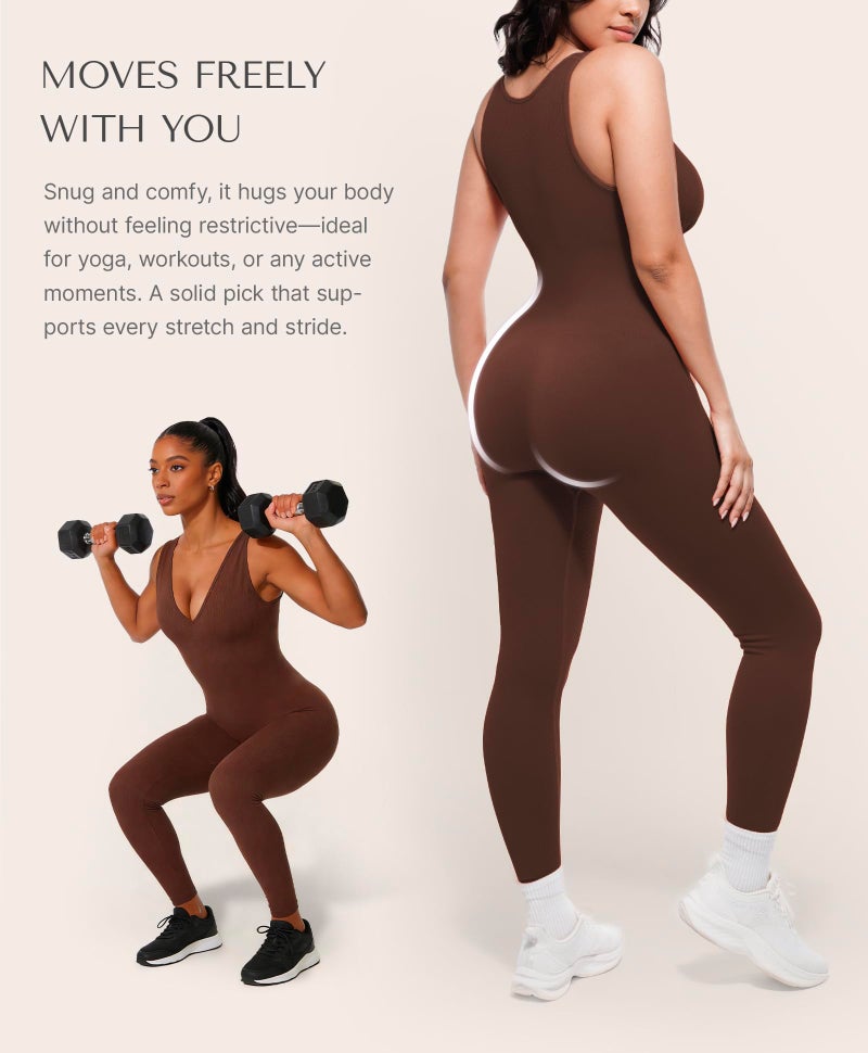 SHAPELLX Tummy Control Workout Jumpsuits for Women Comfy Yoga One Piece Outfits V Neck Sleeveless Full Bodysuit (Brown Small) - Image 4