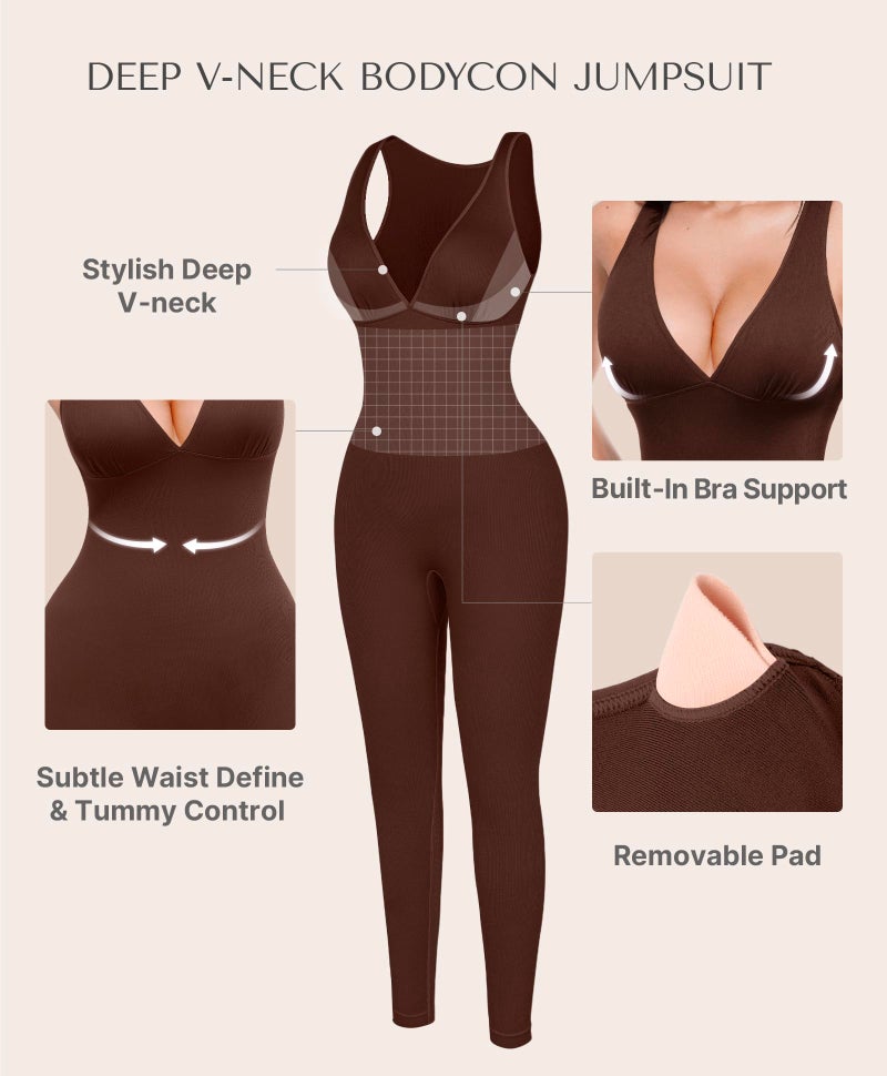 SHAPELLX Tummy Control Workout Jumpsuits for Women Comfy Yoga One Piece Outfits V Neck Sleeveless Full Bodysuit (Brown Small) - Image 3