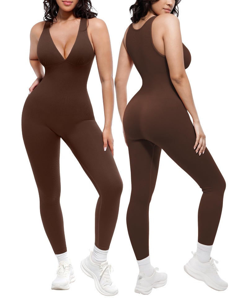 SHAPELLX Tummy Control Workout Jumpsuits for Women Comfy Yoga One Piece Outfits V Neck Sleeveless Full Bodysuit (Brown Small) - Image 1