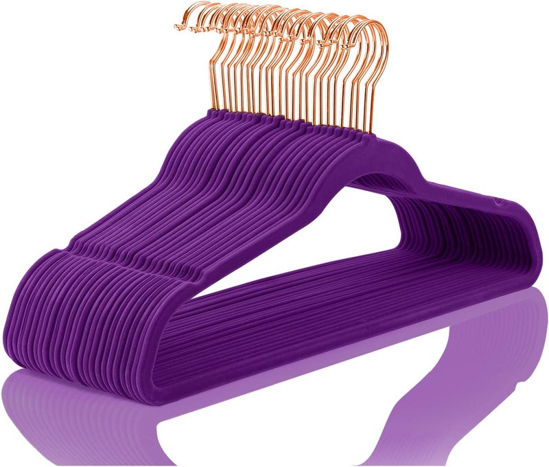 MIZGI Premium Velvet Hangers (50 Pack) Heavy Duty - Non Slip Felt Pads - Velvet Suit Hangers Dark Purple - Rose Gold Hooks, Space Saving - Image 1