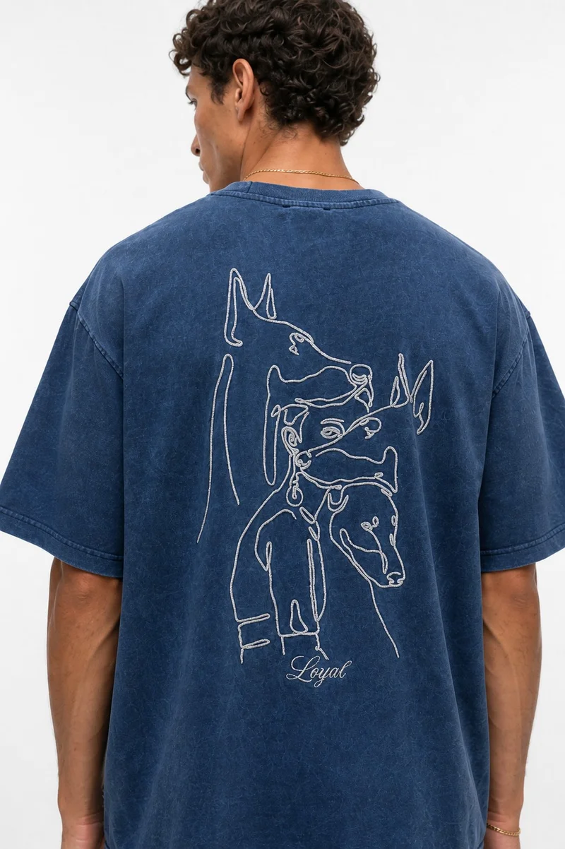 Respire Men's Embroidered Washed Oversize T-Shirt, Navy Blue