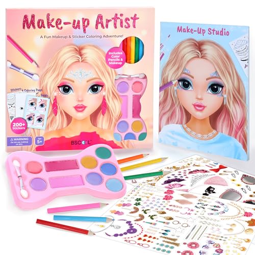 BSCOOL Makeup Artist 3 in 1 Fun Makeup Sticker Coloring Kit Includes Color Pencils Makeup Palette and 200 Stickers for Girls Ages 5678 Make Up Style Coloring Book Gift for Girls - Image 1