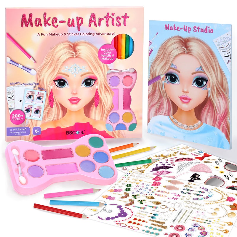 BSCOOL Makeup Artist 3 in 1 Fun Makeup Sticker Coloring Kit Includes Color Pencils Makeup Palette and 200 Stickers for Girls Ages 5678 Make Up Style Coloring Book Gift for Girls - Image 2