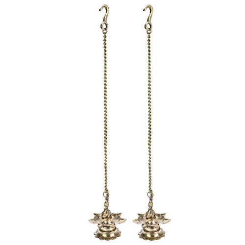 Artvarko Brass Hanging Peacock Diya Pair with Chain Deepak Deepam Hanger Large Oil Lamp 16 Inches - Image 3