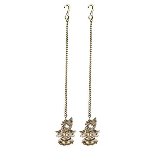 Artvarko Brass Hanging Peacock Diya Pair with Chain Deepak Deepam Hanger Large Oil Lamp 16 Inches - Image 1