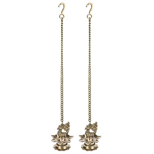 Artvarko Brass Hanging Peacock Diya Pair with Chain Deepak Deepam Hanger Large Oil Lamp 16 Inches - Image 2