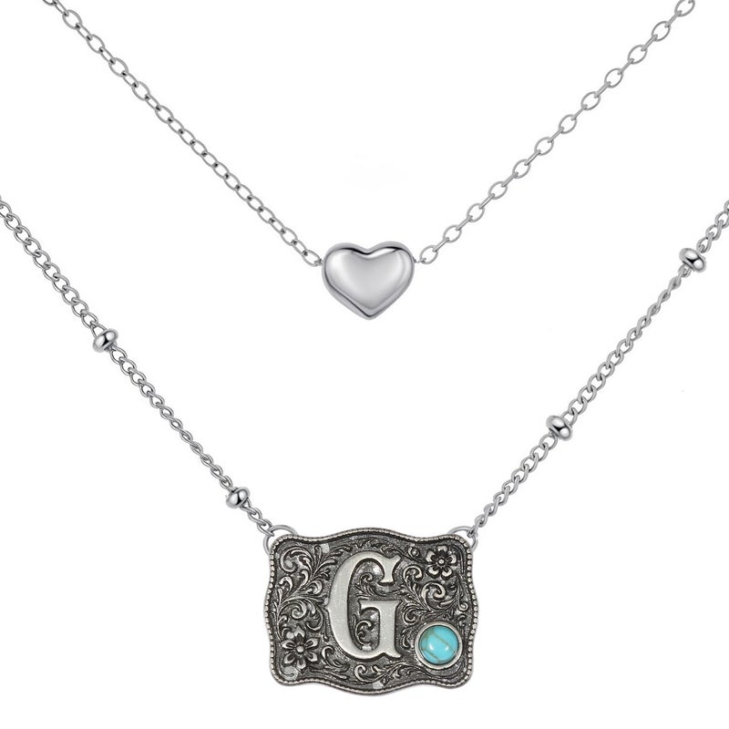 MANZHEN Belt Buckle Bracelet Initial Letter A-Z Bracelets Western Cow Tag Bracelet Belt Buckle Necklace Western Style Initial Letter Pendant Necklace (Necklace, G) - Image 1