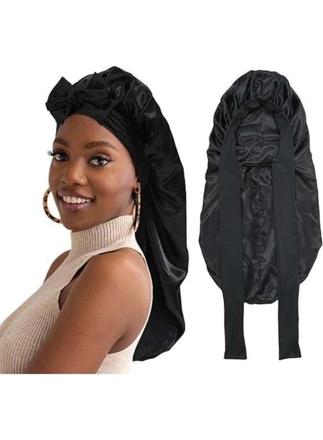 Generic Joyzzz Long Satin Bonnets for Women, Double Layer Elastic Silk Bonnet with Ties Band, Adjustable Ties Jumbo Size Sleep Bonnet Cap, Satin Silk Shower Cap for Long Hair, Braids, Curly Hair (Black)  - Image 1