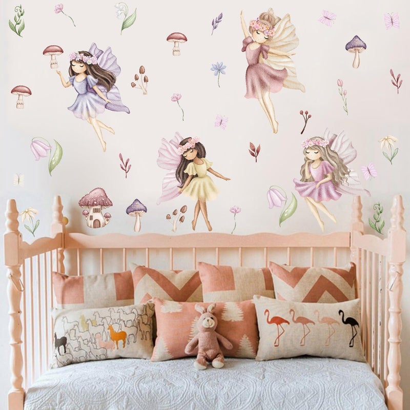 YIMEHDAN Watercolor Fairy Wall Decal, Flower Fairy Garden Vinyl Wall Stickers, Removable Butterfly Girls Spring Floral Artwork for Kids Bedroom Playroom Decor - Image 2