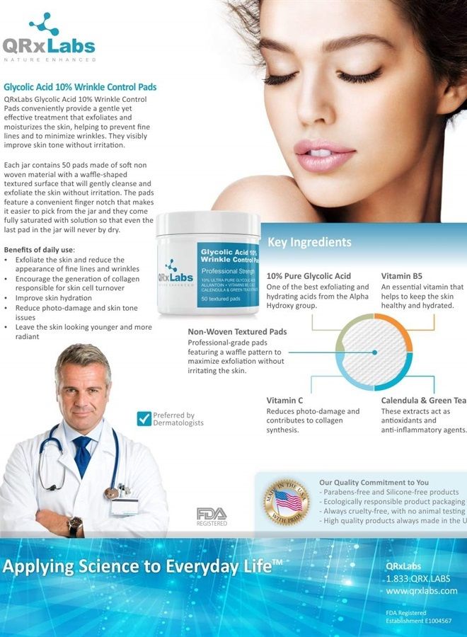 QRxLabs أقراص التحكم في التجاعيد بحمض الجليكوليك 10% للوجه والجسم - 10% حمض جليكوليك نقي للغاية، ألانطوين، فيتامينات B5، C و E، مستخلصات كاليندولا والشاي الأخضر - Image 4