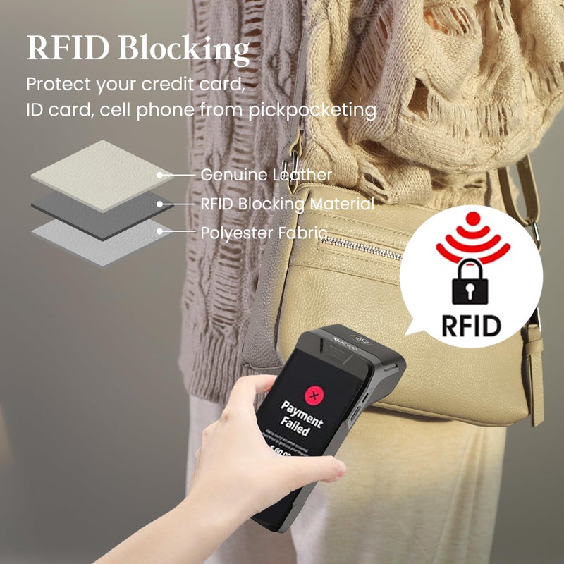 befen Genuine Leather Small Crossbody Bags for Women Ladies Triple Zip Shoulder Purses Bag Cell Phone Leather Handbag with RFID Card Slots Beige Grey - Image 4