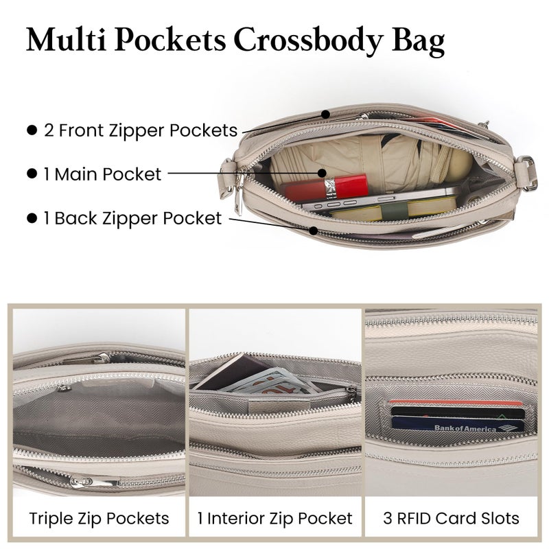 befen Genuine Leather Small Crossbody Bags for Women Ladies Triple Zip Shoulder Purses Bag Cell Phone Leather Handbag with RFID Card Slots Beige Grey - Image 3