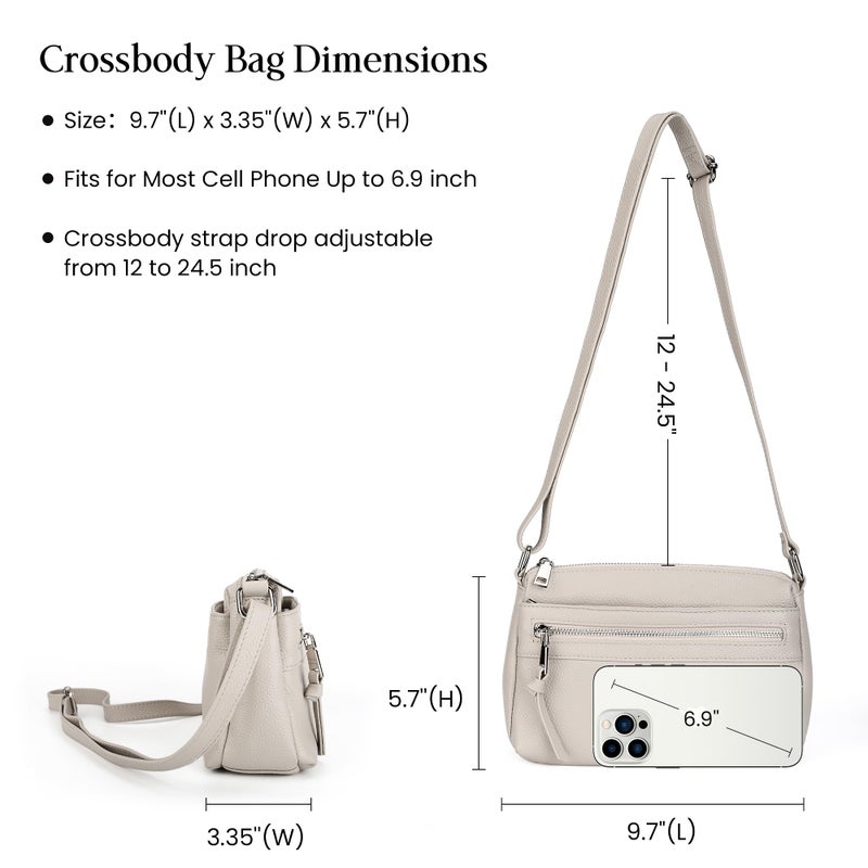 befen Genuine Leather Small Crossbody Bags for Women Ladies Triple Zip Shoulder Purses Bag Cell Phone Leather Handbag with RFID Card Slots Beige Grey - Image 5