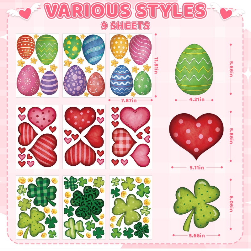 Sealmic 9 Sheets Valentines Day Window Clings Set St Patricks Shamrock Window Stickers Easter Egg Windows Decals Red Pink Heart Valentine Decorations for Glass Home Bathroom Office Spring Party Supplies Large - Image 2