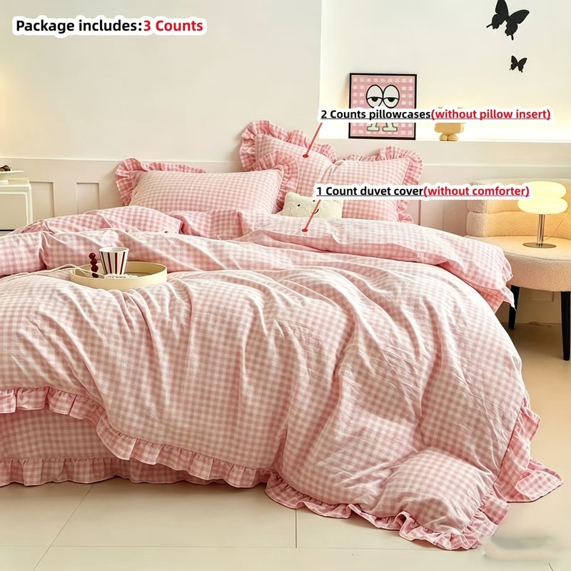 3pcs Pink Checkered Duvet Cover Set with 1* Duvet Cover + 2* Pillowcases, Geometric Pattern, Fresh Print, Soft and Comfortable, Suitable for Bedroom & Guest Room, All-Season Use, Machine Washable, Dorm-Friendly - Image 1