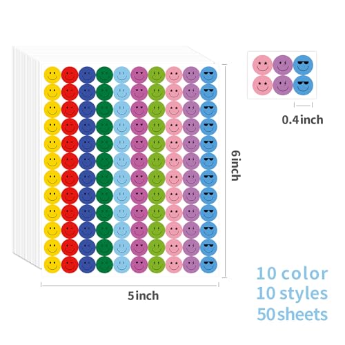 ANSTROUT 6000 Pieces Happy Smile Face Stickers for School Reward Behavior Chart,3/8 Inch in Diameter Round Colorful Reward Labels 10 Styles Happy Face Stickers for Teachers (50 Sheets) - Image 2