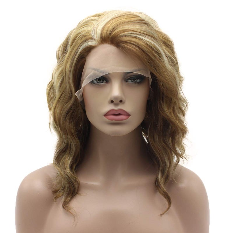 Lushy Lace Front Synthetic Wig Medium Length Curly 14inch Honey Blonde and Light Blonde Mix Wig Stylish Wig 