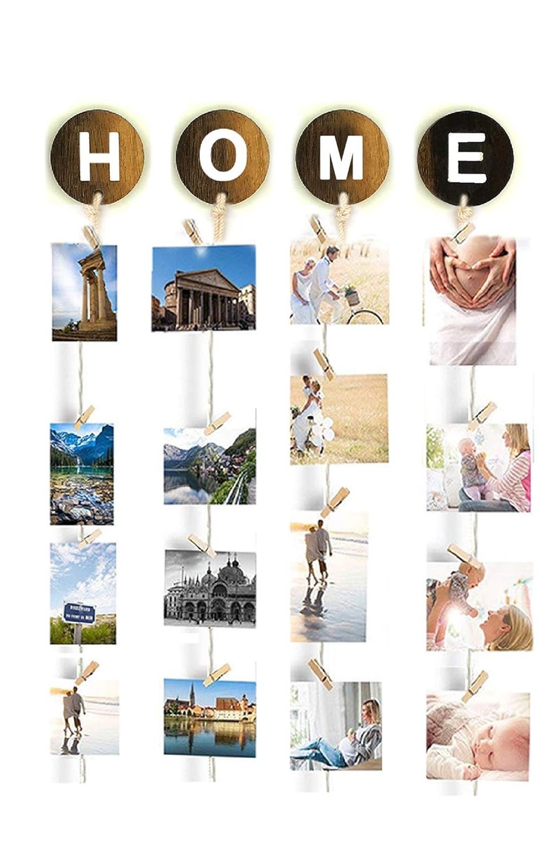 vah Vah Wood Photo Display Family Wall Self Adhesive 3m Hanging Display String with Clips Home Brown  - Image 1