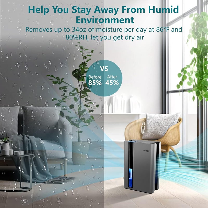 SIMSEN 95oz Dehumidifiers for Home 720 sq ft Quiet Dehumidifier with Reusable Filter and Ionizer Small Dehumidifier with Drain Hose Dehumidifiers for Bedroom Bathroom Basements Closet RV - Image 2