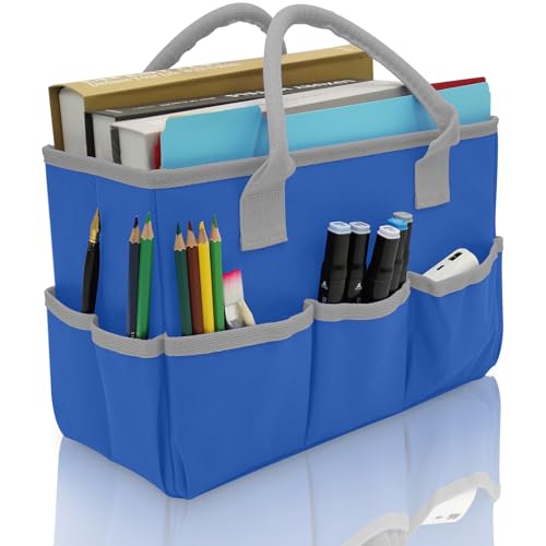 Cupohus Art Organizer Craft Storage Tote Bag with Pockets and Hadles, Oxford Fabric Carrying Caddy for Teacher, Officer, Artist, Students, Traveler, and more – Blue with Grey Edge - Image 1