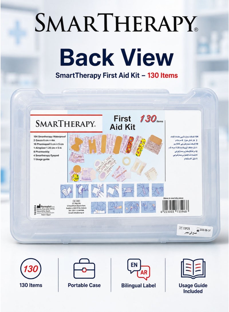Smart Therapy First Aid Kit 130 Items with 104 Waterproof Plasters, 2 Gauza 6 cm x 4 m, 10 Pharmapad Dressings 5 cm x 5 cm, 1 Airoplast 1.25 cm x 5 m, 8 Pharmastrip, 4 Smart Therapy Eyepads and 1 Usage Guide in Portable Translucent Carry Case, Made in Egypt - Image 5