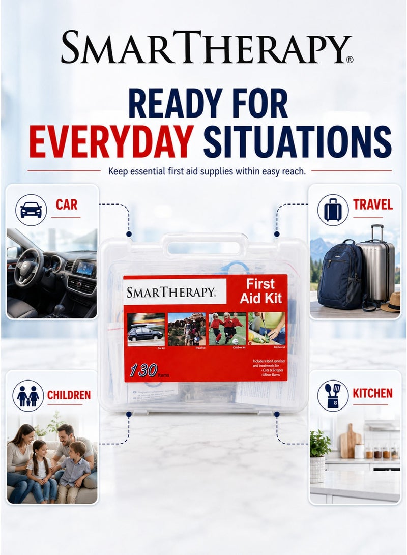 Smart Therapy First Aid Kit 130 Items with 104 Waterproof Plasters, 2 Gauza 6 cm x 4 m, 10 Pharmapad Dressings 5 cm x 5 cm, 1 Airoplast 1.25 cm x 5 m, 8 Pharmastrip, 4 Smart Therapy Eyepads and 1 Usage Guide in Portable Translucent Carry Case, Made in Egypt - Image 3