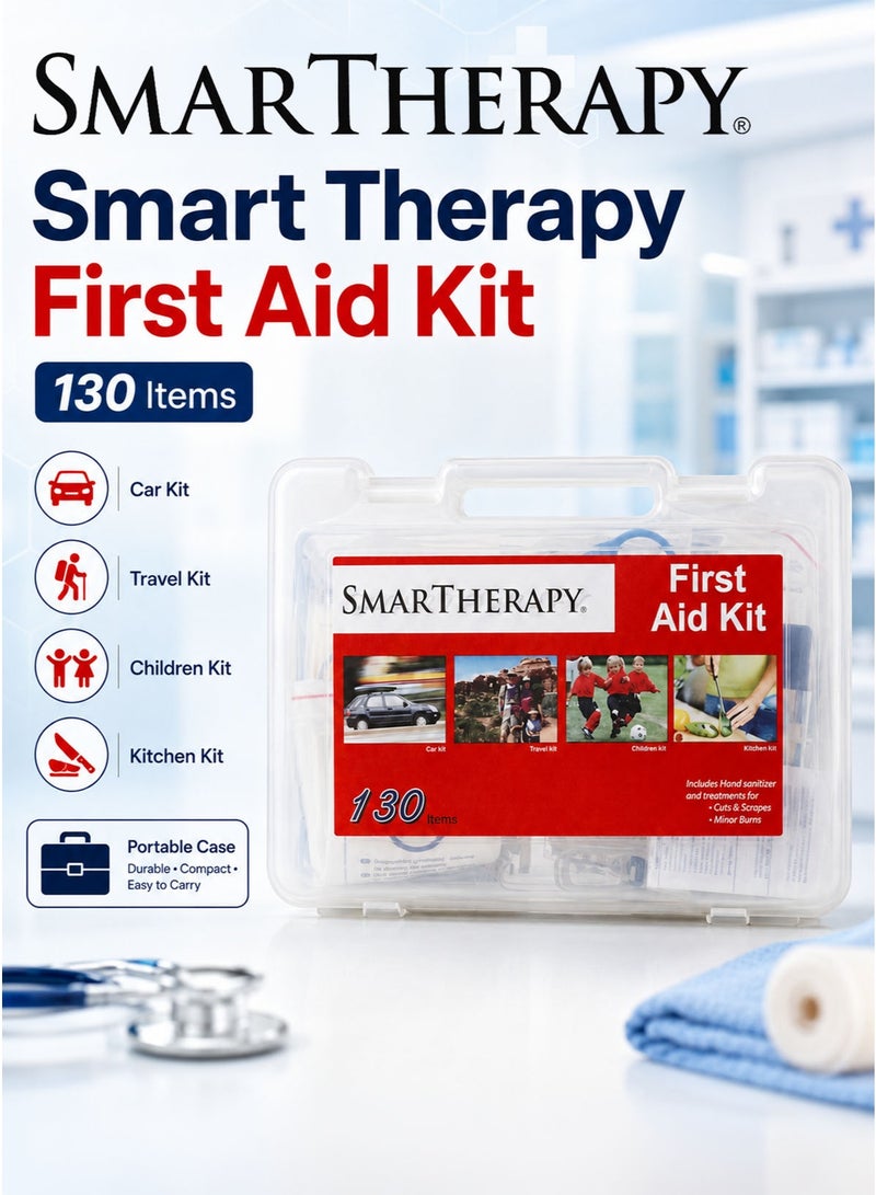 Smart Therapy First Aid Kit 130 Items with 104 Waterproof Plasters, 2 Gauza 6 cm x 4 m, 10 Pharmapad Dressings 5 cm x 5 cm, 1 Airoplast 1.25 cm x 5 m, 8 Pharmastrip, 4 Smart Therapy Eyepads and 1 Usage Guide in Portable Translucent Carry Case, Made in Egypt - Image 1