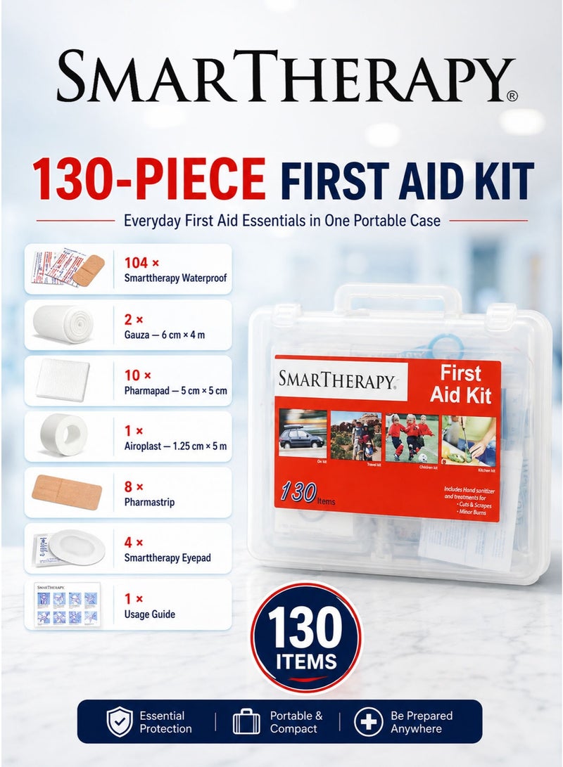 Smart Therapy First Aid Kit 130 Items with 104 Waterproof Plasters, 2 Gauza 6 cm x 4 m, 10 Pharmapad Dressings 5 cm x 5 cm, 1 Airoplast 1.25 cm x 5 m, 8 Pharmastrip, 4 Smart Therapy Eyepads and 1 Usage Guide in Portable Translucent Carry Case, Made in Egypt - Image 2
