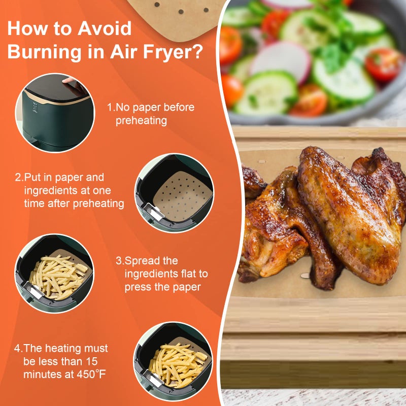Numola 100 Pcs Air Fryer Liners Disposable Parchment Paper, 10 Inch Perforated Airfryer Sheets for Baking, Square Unbleached Non-Stick Steamer Liner for Oven, Microwave, Steaming Basket - Image 3