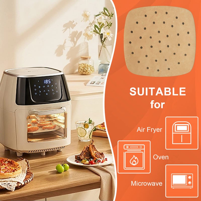 Numola 100 Pcs Air Fryer Liners Disposable Parchment Paper, 10 Inch Perforated Airfryer Sheets for Baking, Square Unbleached Non-Stick Steamer Liner for Oven, Microwave, Steaming Basket - Image 5