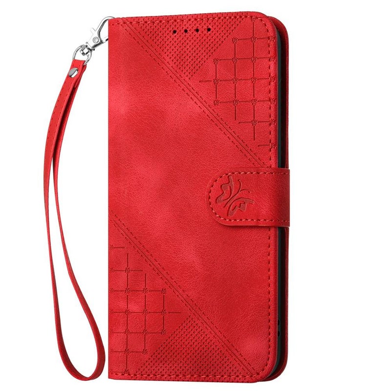 erorex For Xiaomi 15T Pro 5G Grid  Embossed Pattern Leather Phone Case with Lanyard(Red) - Image 2